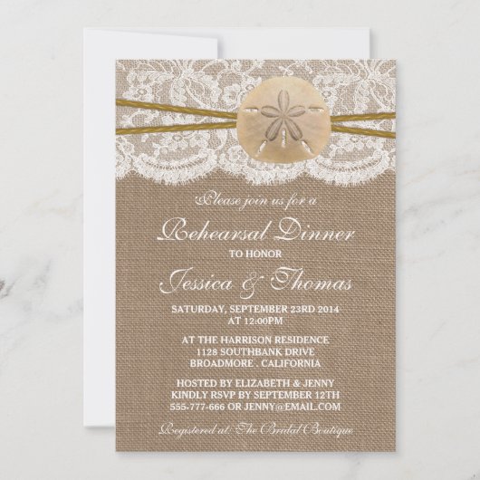 Rustic Sand Dollar Beach Wedding Rehearsal Dinner Kaart (Voorkant)