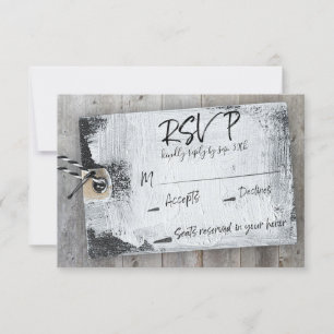 Rustic Scrapbook Black en White Label Wedding RSVP Kaart