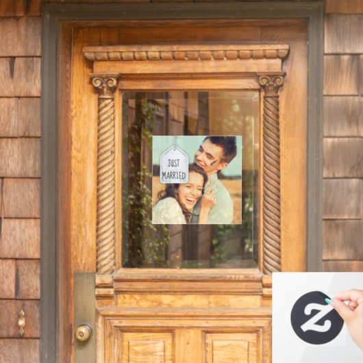 Rustic Scrapbook Just Married Photo Wedding Square Raamsticker (Huis Deur)