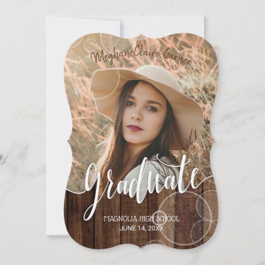Rustic Script Gold Bokeh Photo Afstuderen Kaart (Voorkant)
