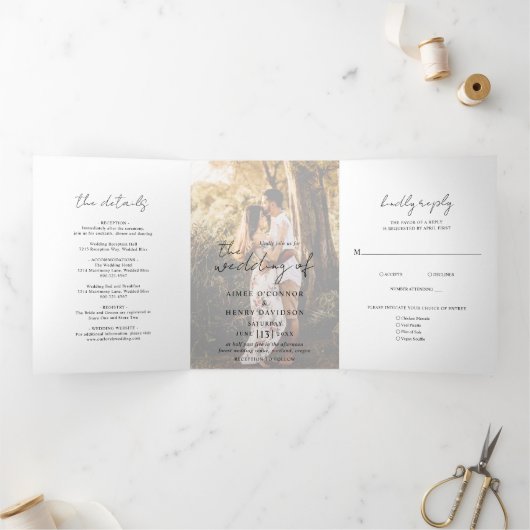 Rustic Script Photo Modern Drieluik Uitnodiging (Binnen)