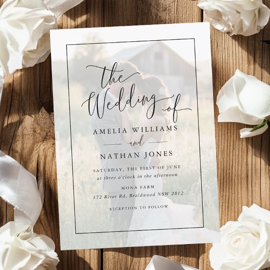 Rustic Script Wit Zwart Foto Bruiloft   Kaart