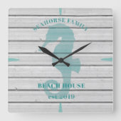 Rustic Seahorse Family Beach House Wall Clock Vierkante Klok (Voorkant)
