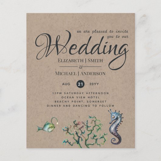 Rustic Seahorse Ocean Zee Wedding Invites Budget (Voorkant)