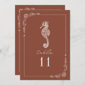 Rustic Seahorse Terracotta Mariage Numéro de table (Devant / Derrière)