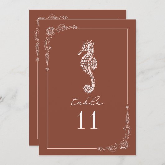 Rustic Seahorse Terracotta Mariage Numéro de table (Devant / Derrière)