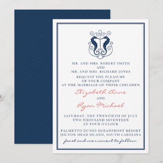 Rustic Seahorse Wedding Invitation - Marine en Kor Kaart (Voorkant / Achterkant)