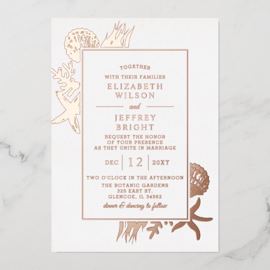 Rustic Seashells Marine Ocean Beach Wedding Folie Uitnodiging (Voorkant)