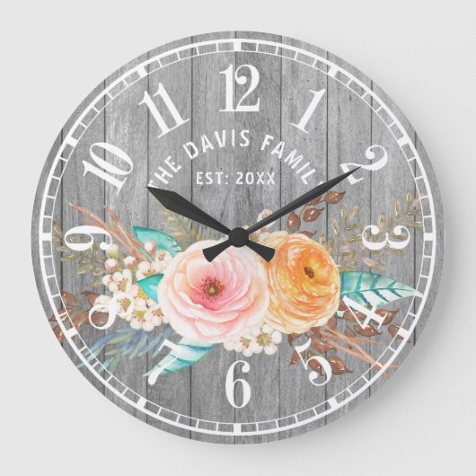 Rustic Shabby Flowers Custom Family Large Clock Grote Klok (Voorkant)