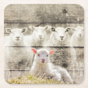 Rustic Sheep Baby Lamb Burlap Vierkante Kartonnen Onderzetter