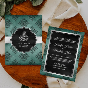 Rustic Silver Blauwgroen Black Damask Muslim Weddi Kaart
