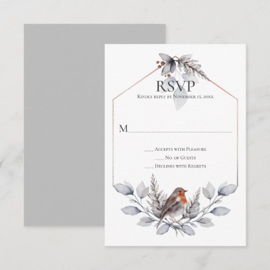 Rustic Silver Gray Rust Botanicals Bird RSVP Kaartje (Voorkant / Achterkant)