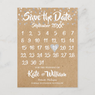 Rustic Silver Love Heart Calendar Save the Date Aankondigingskaart