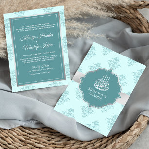 Rustic Silver Pastel Blauwgroen Damask Muslim Wedd Kaart
