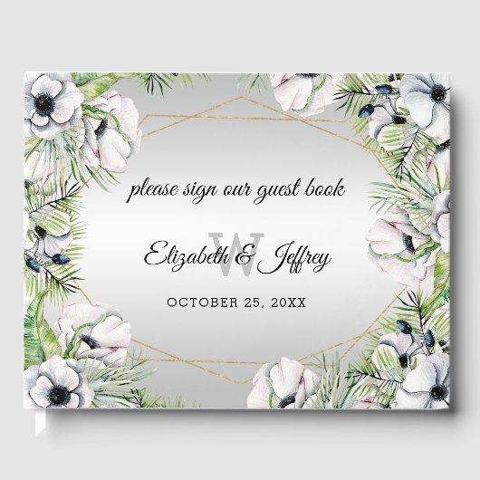 Rustic Silver White Anemone Gold Geometric Wedding Gastenboek (Voorkant)