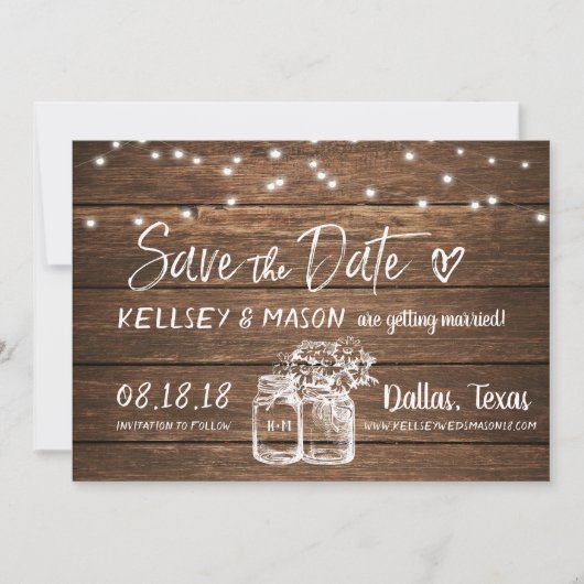 Rustic slaat de datum op | Mason Jars & String Lig Kaart (Voorkant)
