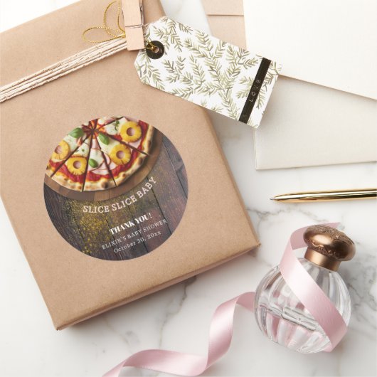 Rustic Slice Pizza Baby shower Ronde Sticker (Geschenken)
