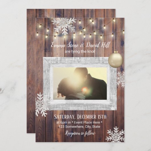 Rustic Snowflakes Custom Photo Winter Weddenschap Kaart (Voorkant / Achterkant)