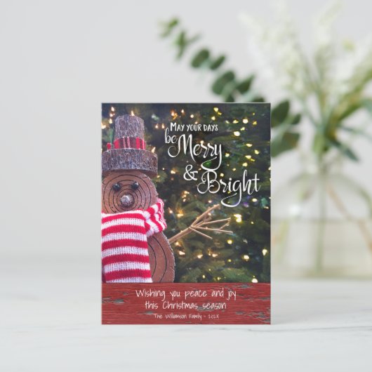 Rustic Snowman Days Be Merry Bright Script Schatti Feestdagenkaart (Staand voorkant)