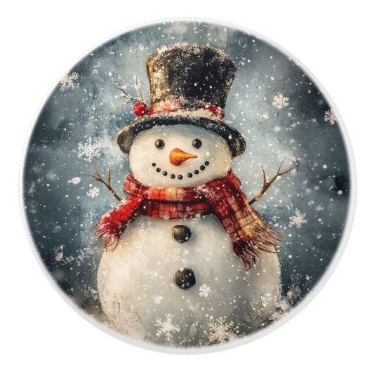 Rustic Snowman Illustratie Kerst Keramische Knop (Voorkant)