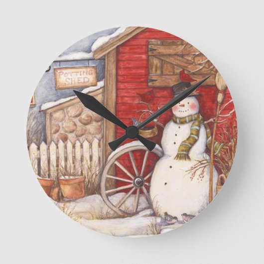 Rustic Snowman Winter Scene Ronde Klok (Voorkant)