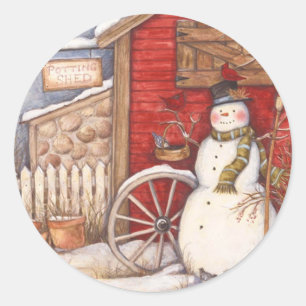 Rustic Snowman Winter Scene Ronde Sticker