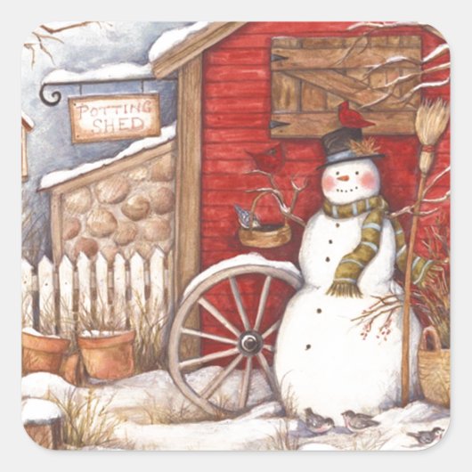 Rustic Snowman Winter Scene Vierkante Sticker (Voorkant)