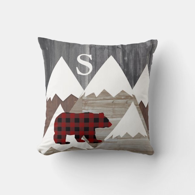 Rustic Snowy Mountains Buffalo Check Beer Monogram Kussen (Voorkant)