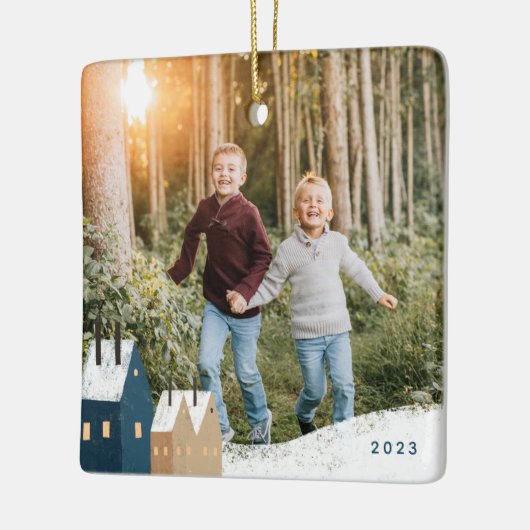 Rustic Snowy Village Scene Photo Ceramic Ornament (Links)