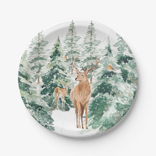 Rustic Snowy Winter Woodland Deer Papieren Bordje (Voorkant)