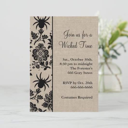 Rustic Spider Damask Halloween Uitnodiging (Staand voorkant)