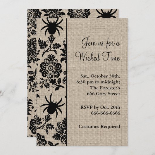 Rustic Spider Damask Halloween Uitnodiging (Voorkant / Achterkant)