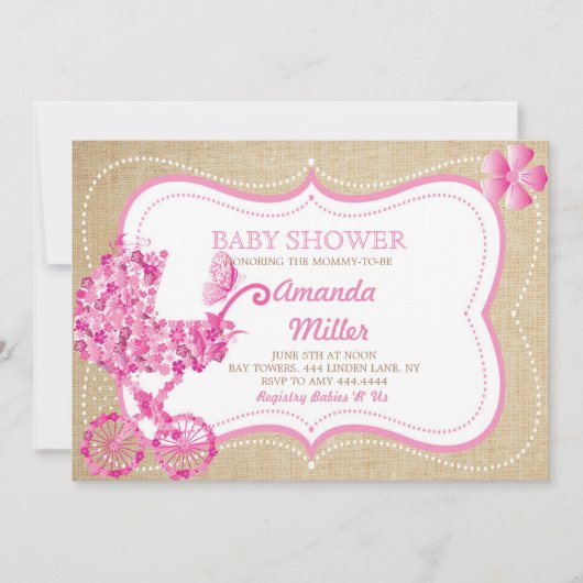 Rustic Spring Floral Pram Baby Shower Invitations (Devant)