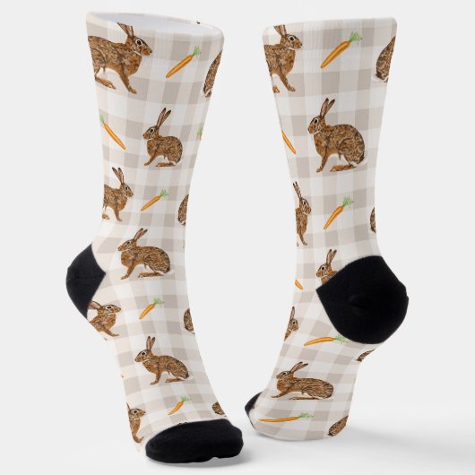 Rustic Spring Rabbits And Carrots Beige Gingham Sokken (Gebogen)
