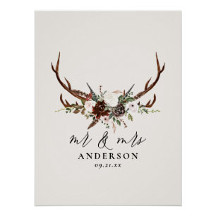 Rustic stag waterverf floral mr. en mrs bruiloft perfect poster