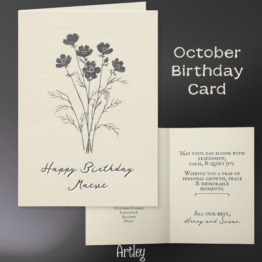 Rustic Stamped Cosmos October Birth Flower Linen Kaart
