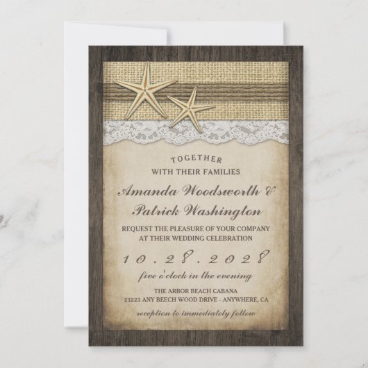Rustic Starfish Beach Wedding Invitations Kaart (Voorkant)