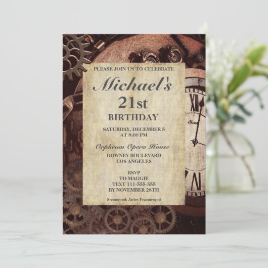 Rustic Steampunk Invitation d'anniversaire Vintage (Debout devant)
