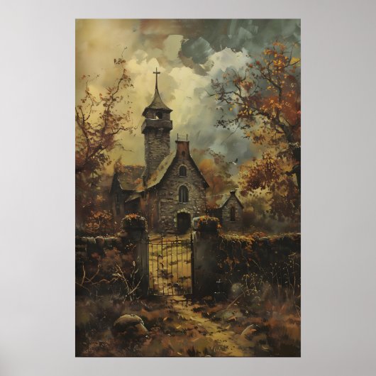 Rustic Stone Gothic Church Art, Vintage Autumn Poster (Voorkant)