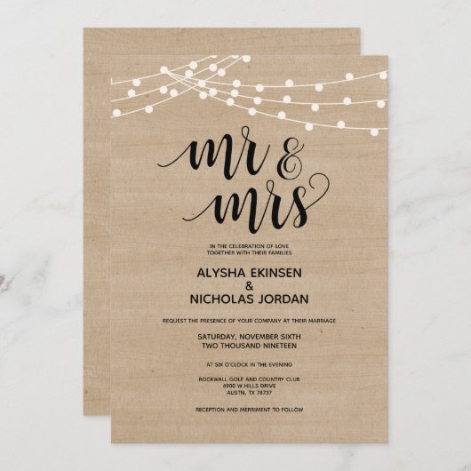 Rustic string licht Mr en Mrs Wedding Invitation Programma (Voorkant / Achterkant)