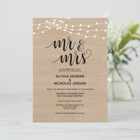 Rustic string licht Mr en Mrs Wedding Invitation Programma (Staand voorkant)