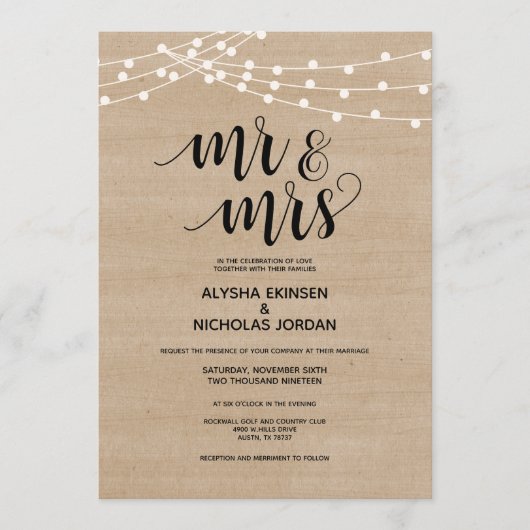Rustic string licht Mr en Mrs Wedding Invitation Programma (Voorkant)