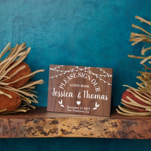 Rustic String Light bruiloft Guest Book Plaque Fotoplaat (Zijkant)