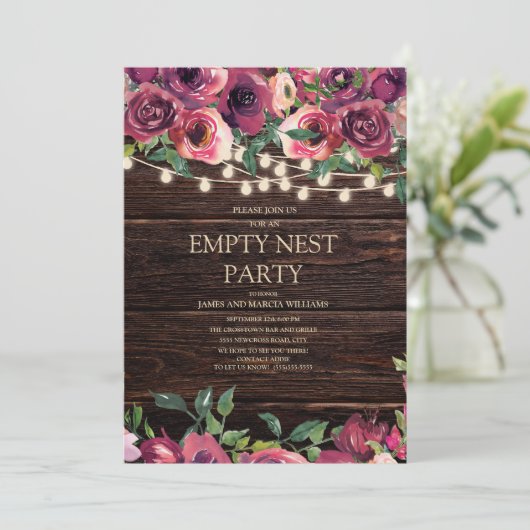 Rustic String Light Paars Floral Empty Nest Party Kaart (Staand voorkant)