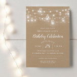 Rustic String Lights Anniversaire Fête Invitation<br><div class="desc">Invitations de fête d'anniversaire personnalisées et abordables avec un modèle facile à utiliser pour la personnalisation. Ce design rustique chic présente des brins de lumières à cordes brillantes et des jarres de maçon sur un arrière - plan en papier imitation kraft. Personnalisez l'invitation avec les détails de votre dîner d'anniversaire...</div>