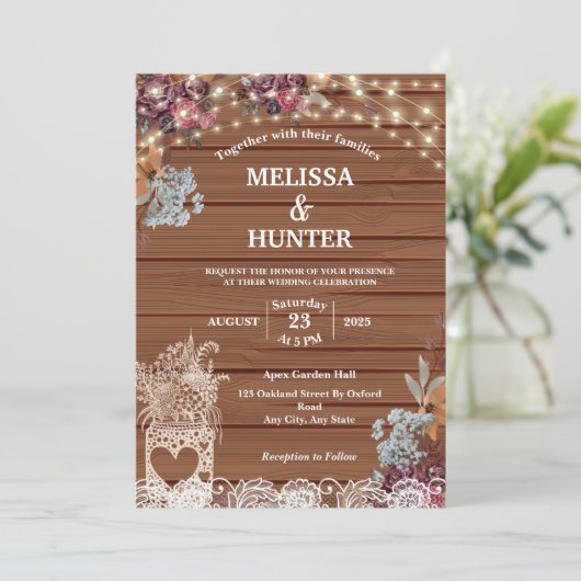 Rustic String Lights Baby's Breath Jar Wedding Kaart (Staand voorkant)