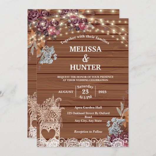 Rustic String Lights Baby's Breath Jar Wedding Kaart (Voorkant / Achterkant)