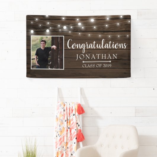 Rustic String Lights Barn Wood Afstuderen Spandoek (Insitu)