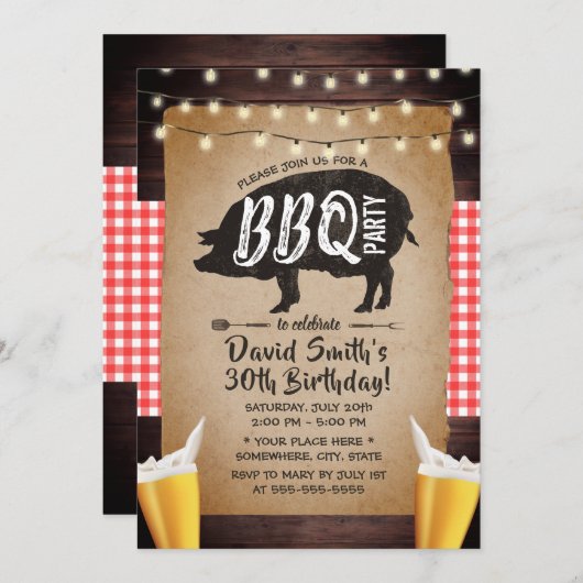 Rustic String Lights Beers BBQ Verjaardagsfeest Kaart (Voorkant / Achterkant)