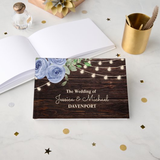 Rustic String Lights Blue Floral Wedding Gastenboek (Voorkant open)